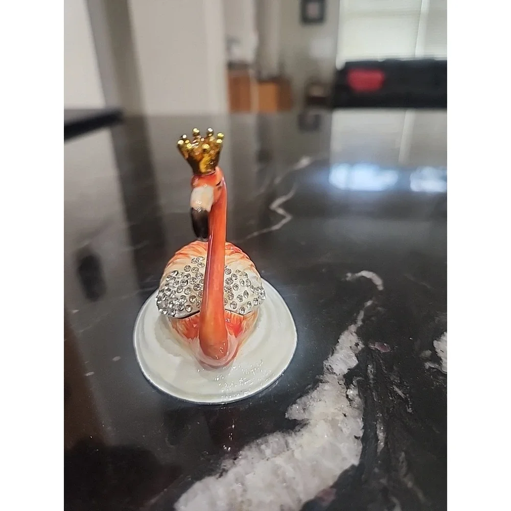 Flamingo Trinket Box Enamel Magnetic Hinged Rhinestone Bird Ring Box
